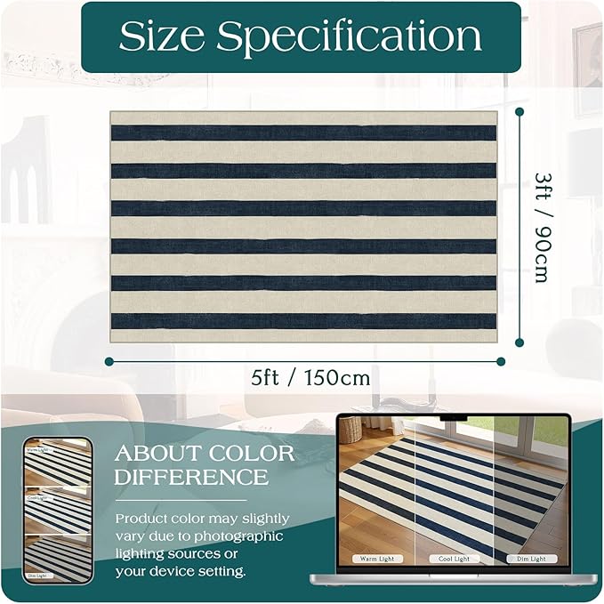 Blue and White Striped Entry Rug - 3x5 Ft Washable Indoor Outdoor Front Door Mat Outside Entrance Front Porch Mat Non-Slip Floor Carpet for Bedroom Entryway Kitchen Office Porch Decor