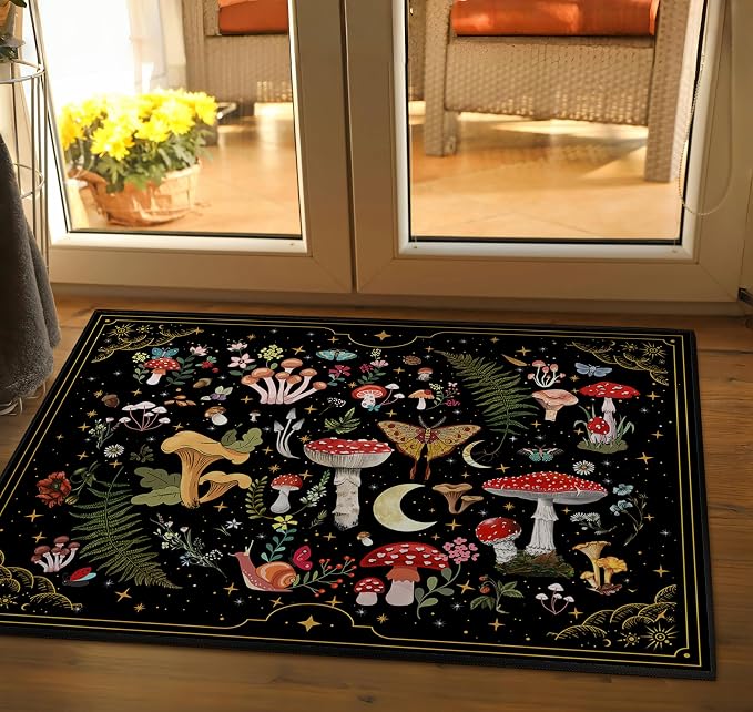 Mushroom Door Mat Indoor Entrance Black Entry Rug Non Slip 2x3 Small Area Rug Carpet for Entryway, Kitchen, Front Door Indoor Entrance Washable Doormat Witchy Decor