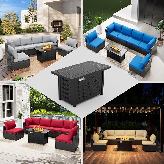 43" Rectangular Propane Fire Pit for Outside Patio 2 in 1, 50,000 BTU Fireplaces with Lid, Glass Rocks, Cover