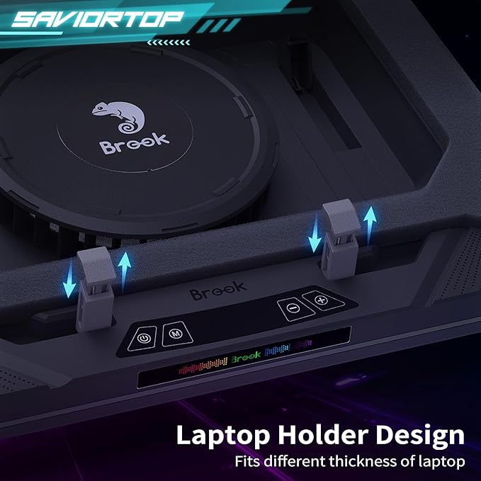 Brook Saviortop Gaming Laptop Cooling Pad – High-Speed 3500 RPM Laptop Cooler with Turbo Fan, RGB Cooling Stand for 10-19 Inch Laptops, Touch Control, USB-C Hub, Adjustable Height, Quiet Cooling Fan