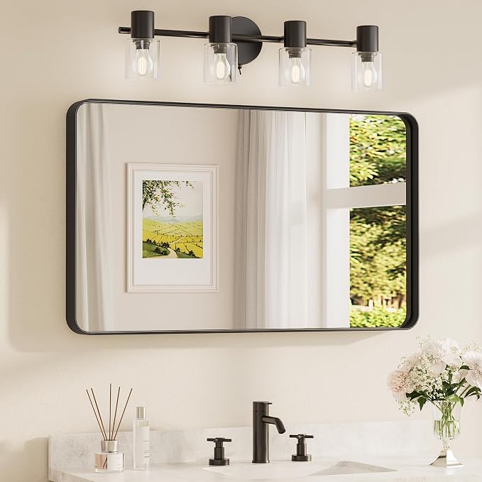 TETOTE Black Framed Bathroom Mirror, 40 x 24 Inch Matte Metal Frame Vanity Mirror, Modern Farmhouse Wall Mounted Rectangle Mirror (Horizontal/Vertical)