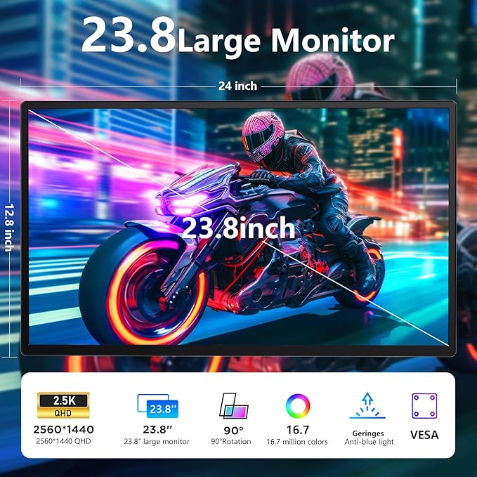 23.8" Large Portable Monitor, 2.5K QHD 180Hz Laptop Screen Extender, 150% RGB 178° IPS, Speakers & USB Hub for Office/Gaming with Kickstand, Travel Monitor for Laptop/PC/Mac/Xbox, VESA USB-C & HDMI