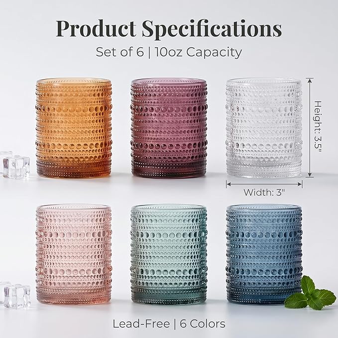 Mfacoy Colored Hobnail Drinking Glasses Set of 6, 10oz Vintage Kitchen Glassware, Embossed Beaded Glass Cups, Water Glasses, Beaded Colorful Water Tumbler for Cocktail, Juice and Various Mixed Drinks