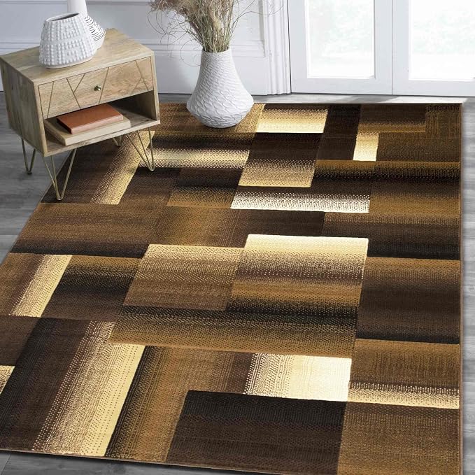 HR 8’ x 10’ Rug in Chocolate - Premium Quality Chocolate/Brown/Beige Abstract Geometric Modern Squares Pattern Area Rug - Contemporary Styling for Living Room, Bedroom - Unique Home Décor