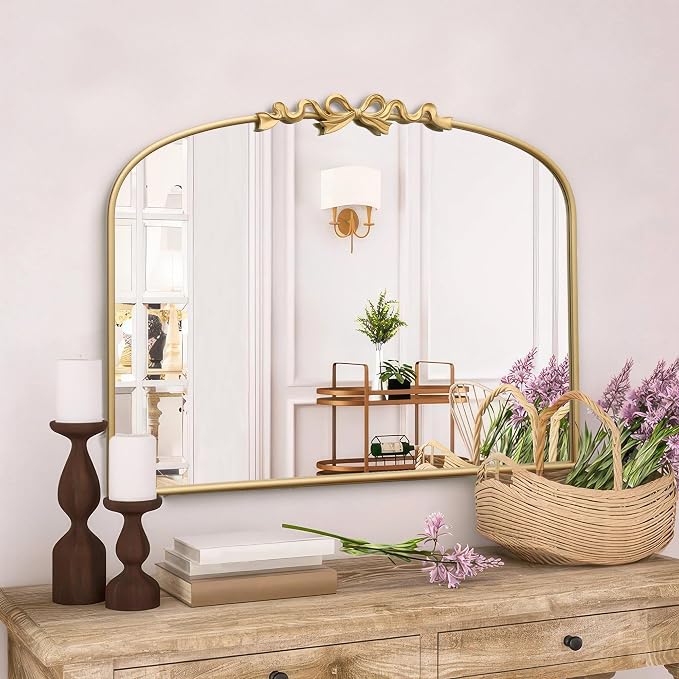 Besdomus Antique Arched Large Mirror: 36"x29" Gold Bow Vintage Wall Mounted Mirror - Baroque Traditional Ornate for Fireplace/Bathroom/Entryway - Home Decor for Fashion-Conscious