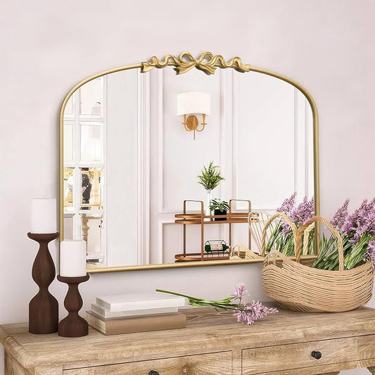 Besdomus Antique Arched Large Mirror: 36"x29" Gold Bow Vintage Wall Mounted Mirror - Baroque Traditional Ornate for Fireplace/Bathroom/Entryway - Home Decor for Fashion-Conscious