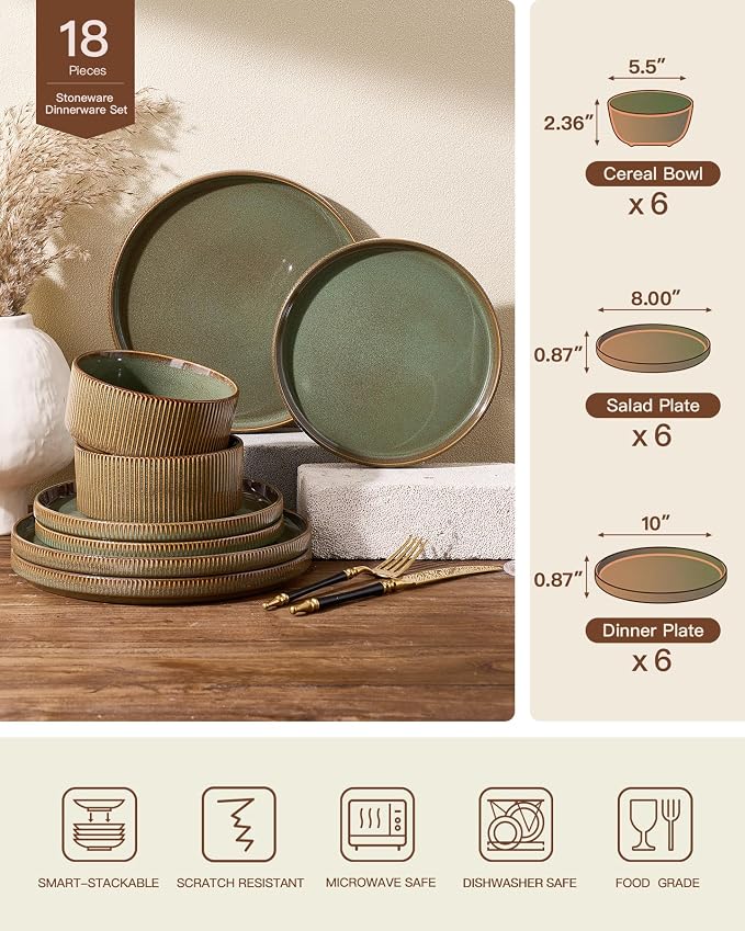 Stoneware Plates and Bowls Dishes Sets Service for 6 (18-Piece), Famiware Premium Handcrafted Reactive Glaze Dinnerware Set with Raised Rim, Scratch Resistant, Microwave Dishwasher Safe, Moss