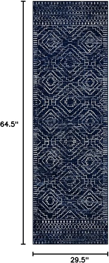 Wonnitar Washable Runner Rug for Kitchen, 2'6"x8' Moroccan Blue Hallway Carpet Runner, Non-Slip Long Geometric Rustic Entryway Floor Runner Soft Throw Mat for Bedroom Bathroom Closet (Blue,2'6"x8')