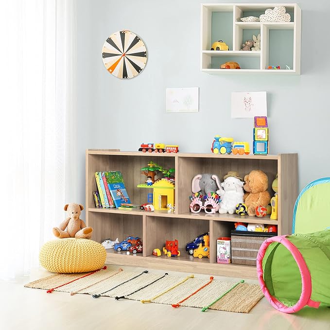 Costzon 2-Shelf Bookcase for Kids, Wooden Toy Storage Organizer for Books Toys, 5-Section Freestanding Classroom Daycare Montessori Bookshelf for Preschool, Home Playroom & Kindergarten