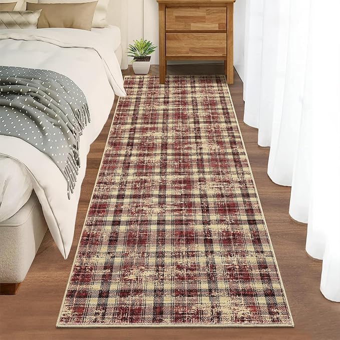 Washable Rugs Runner Rug 2x6 Modern Plaid Area Rug Soft Carpet 2'x6' Red