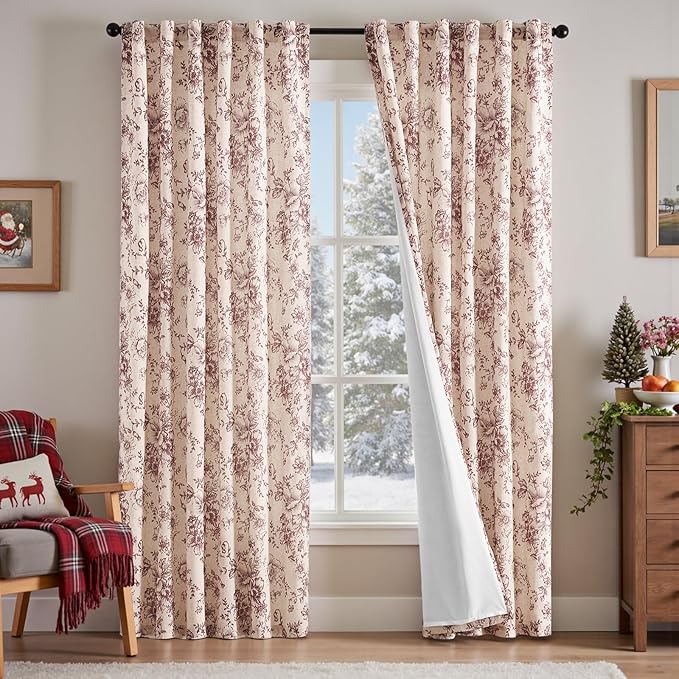 jinchan Lined Linen Blend Curtain Floral Curtains for Living Room 90 Inches Long Christmas Red Peony Flower Printed Curtain Rod Pocket Back Tab Farmhouse Patterned DrapesCurtains Set 2 Panels