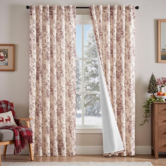 jinchan Lined Linen Blend Curtain Floral Curtains for Living Room 90 Inches Long Christmas Red Peony Flower Printed Curtain Rod Pocket Back Tab Farmhouse Patterned DrapesCurtains Set 2 Panels