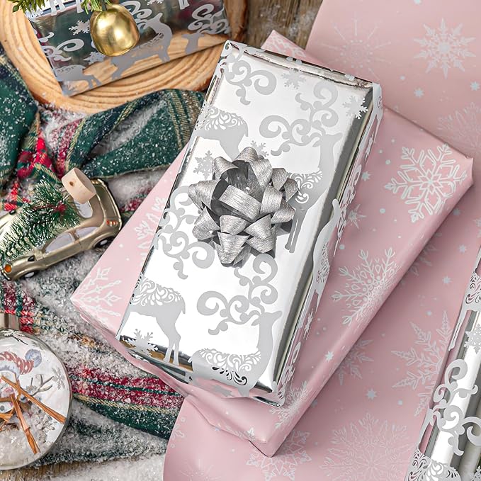 MAYPLUSS Christmas Wrapping Paper Roll - 17IN X 33FT - Santa Claus Gift Wrapping Paper Featuring Merry Christmas Snowflake Reversible HO for Kids, Holiday, New Year