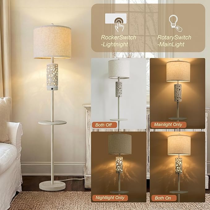 OYEARS Dimmable Farmhouse Floor Lamp for Living Room, 2-in-1 Rustic Floor Lamp with Main&Night Light,Linen Shade&Dual Switches, 65" Standing Lamp for Bedroom Office Corner Dining Room, Wood Pole Lamp