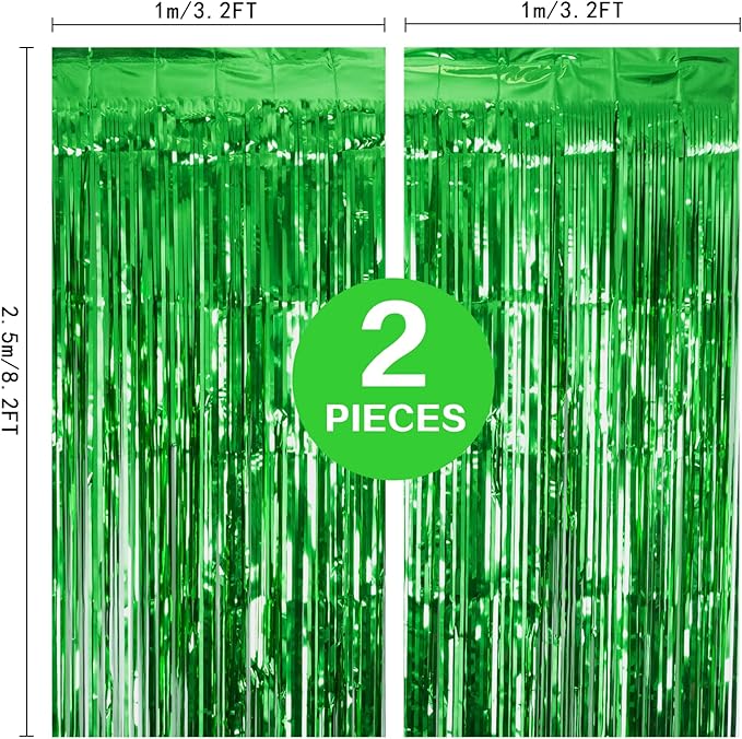 2 Pack Green Tinsel Curtain Party Backdrop, 3.2Ft x 8.2Ft Metallic Tinsel Foil Fringe Curtains Photo Booth Props Background for Christmas St Patrick’s Day Safari Tropical Bachelorette Decorations
