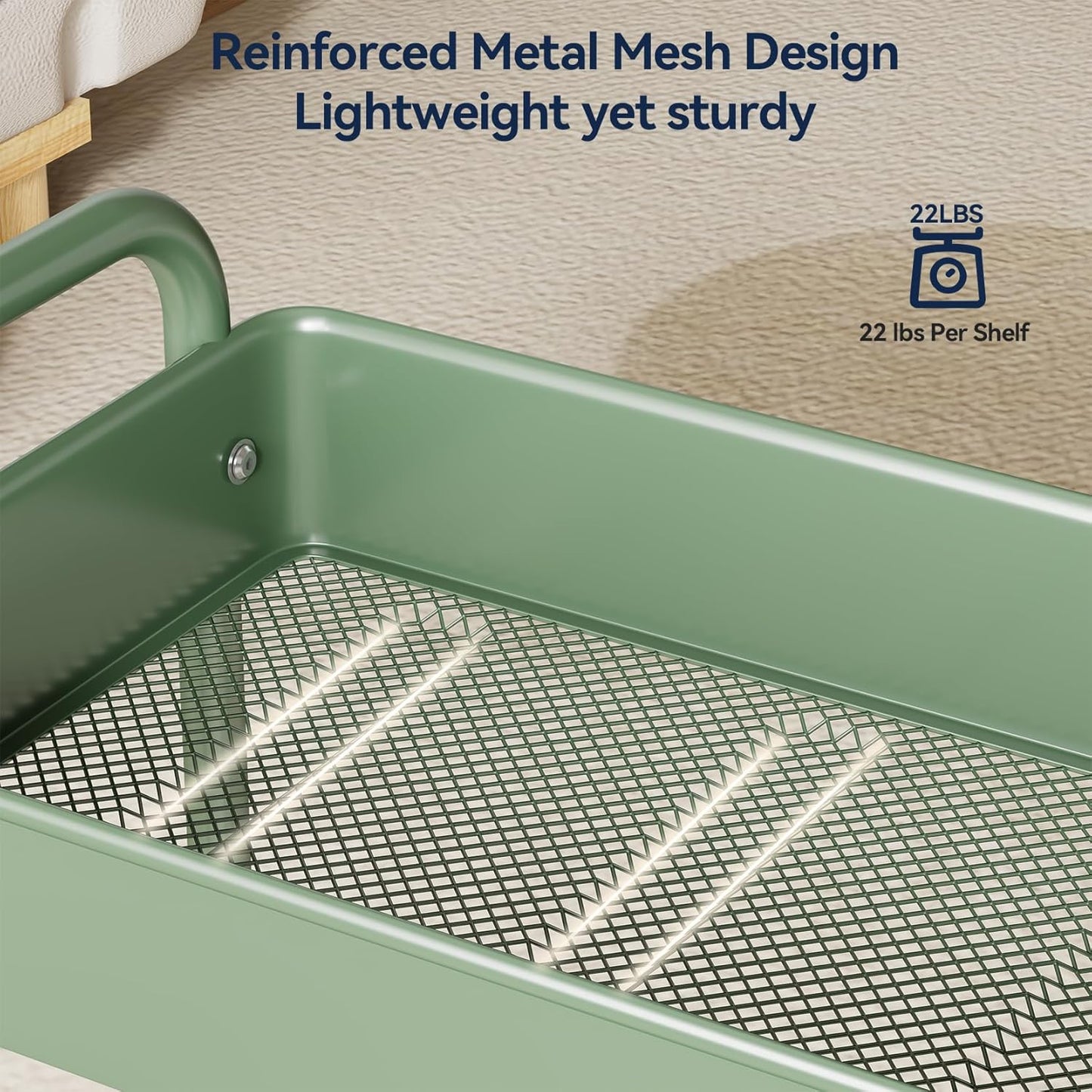 YASONIC 3-Tier Rolling Cart - Green Mesh Storage Organizer with Lockable Wheels & Hooks | 66 lbs Capacity