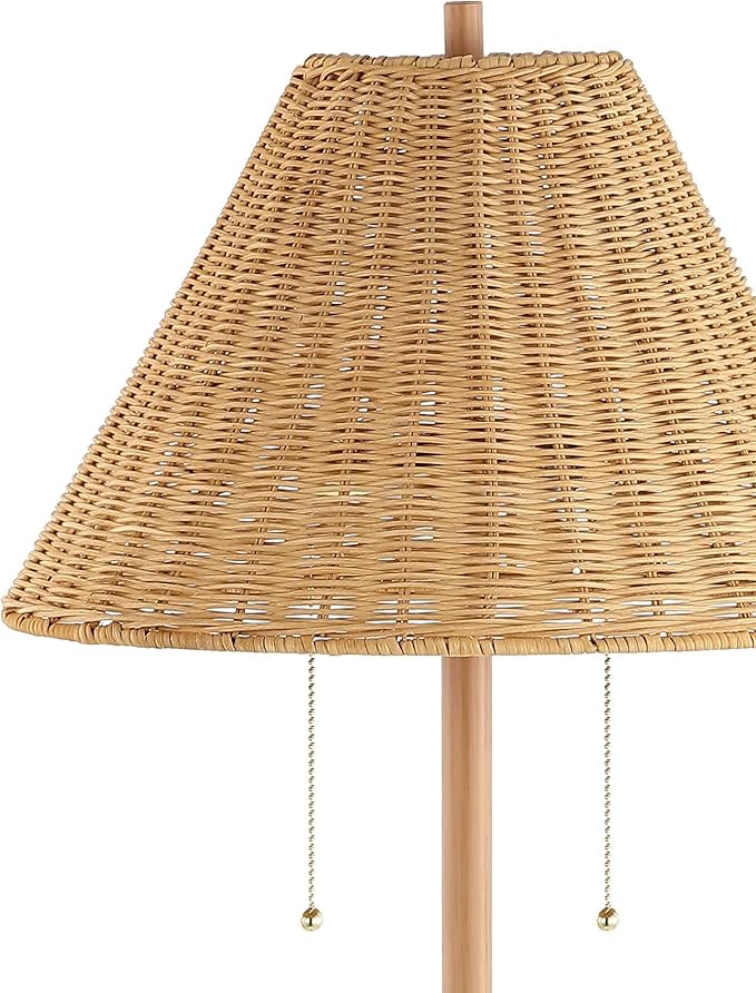 JONATHAN Y 61" Brown Wood Finish 2-Light Coastal Bohemian LED Floor Lamp for Living Room, Brown Rattan Shade, Mid-Century Modern Tall Standing Lamp, Pull-Chain, LED Bulbs Included JYL3092A