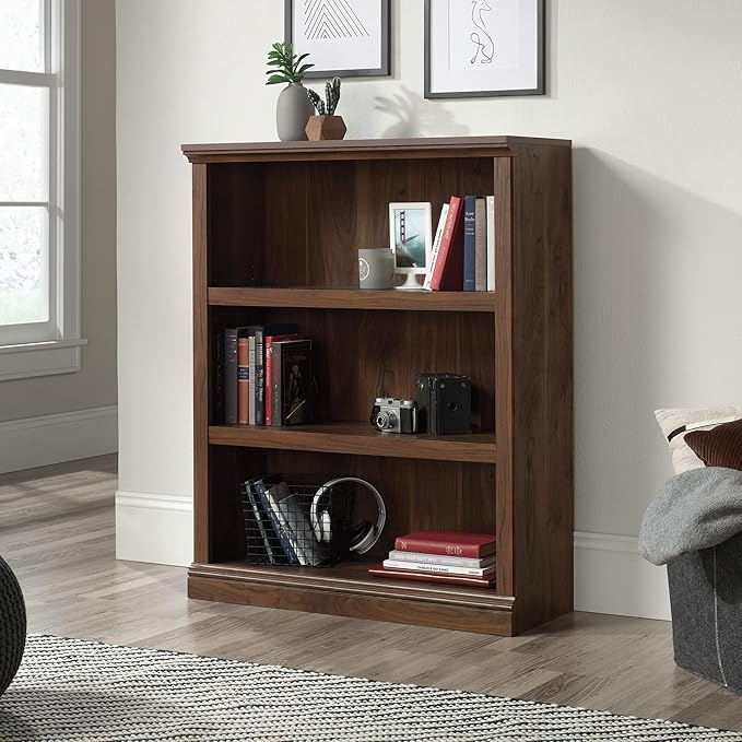 Sauder 3 Tier Book Shelf Wooden Bookcase Multipurpose Bookshelf for Home Office, Living Room, in Grand Walnut