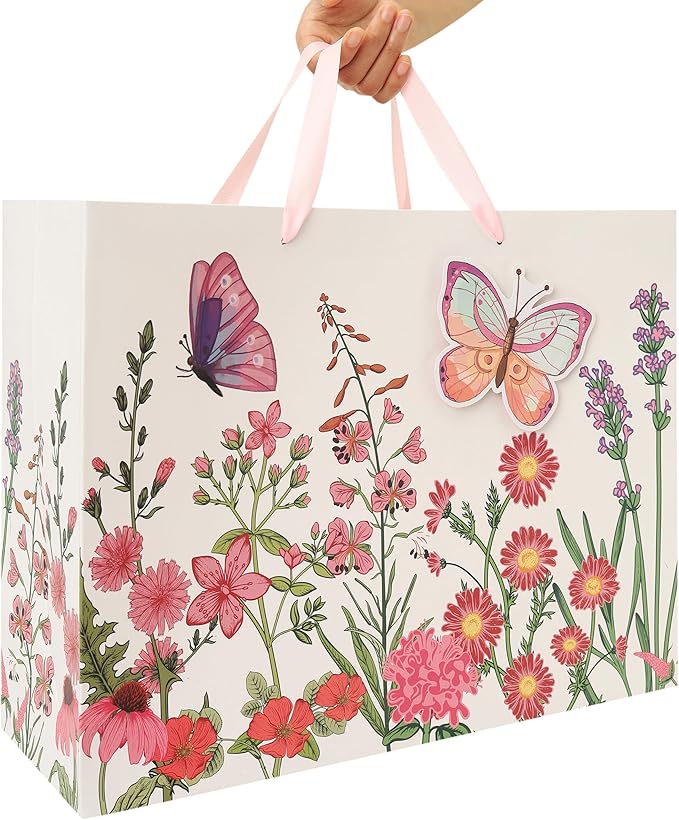Qirrmiy 16.5” Extra Large 3D Butterfly Gift Bag Set with Handles, Greeting Card, Pink Tissue Papers and Stickers for Women Girls for Birthday, Mothers' Day, Wedding, Anniversary, Floral Design, 1 Pcs