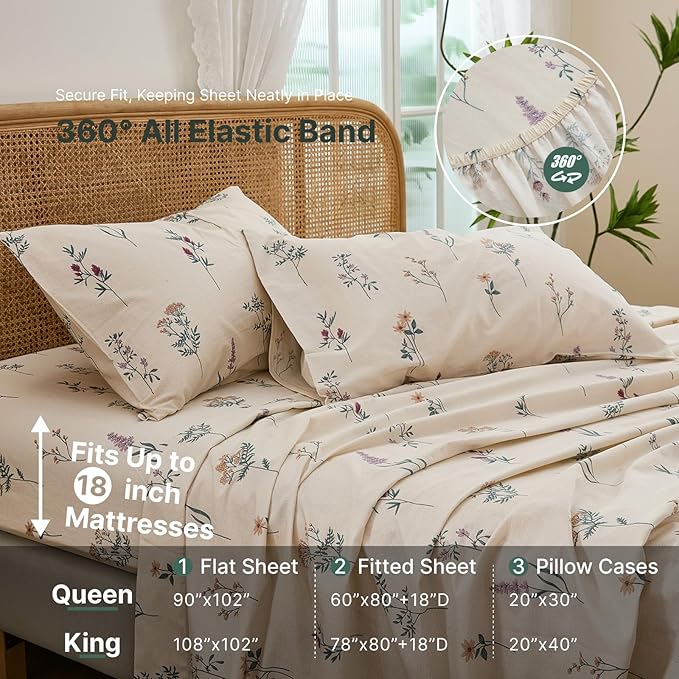 Cream Floral Sheets Set King Size 100% Cotton, 4 Pieces, Soft & Breathable Percale Weave Bedding, Deep Pocket 17.5", Crisp Cool Feeling, Durable, Perfect Cute Floral Bed Sheet