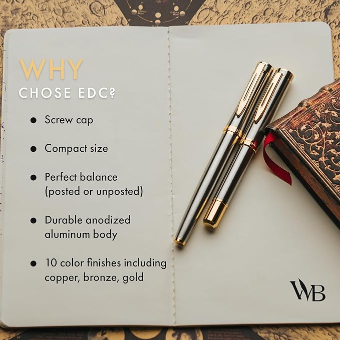 Wordsworth and Black Fountain Pen Mini EDC: Luxury Silver Heavy Pocket Pen, Gold Finish, Medium Nib, 6 Ink Cartridges, Ink Converter, Travel Refillable Writing Pen Gift Set, Men & Women