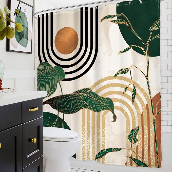 Glawry Green Boho Shower Curtain 60Wx72L Inches, Abstract Retro Mid Century Shower Curtains for Bathroom Decor,Minimalist Tropical Modern Shower Curtain Set Home Decor 12 Pack Hooks