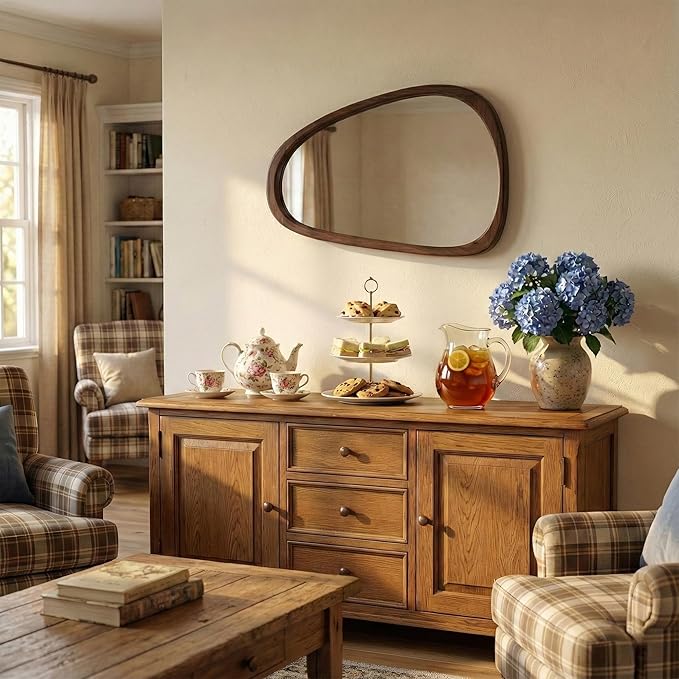Solid Wood 30"x20" Irregular Asymmetrical Wall Mirror, Japandi Boho Mid-Century Modern Decorative Accent Mirror, Small Organic Shaped Wooden Wall-Mounted Mirror, Dark Walnut