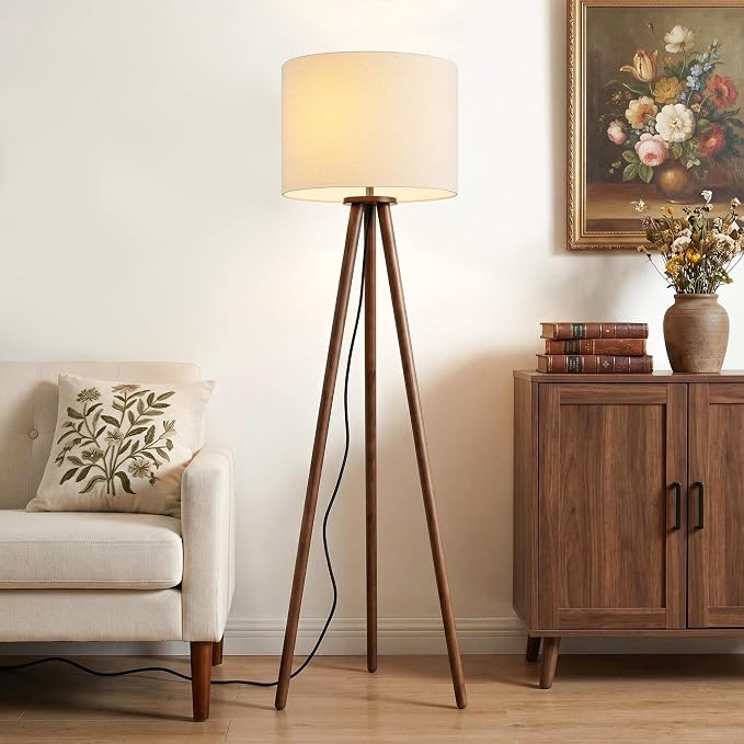 Buruis 60.6" Solid Wood Tripod Floor Lamp with 15.7" Large Linen Shade, Mid-Century Walnut Finish Standing Lamp for Living Room, Bedroom, Office, Corner, UL Listed, Bulb Not Included, Beige