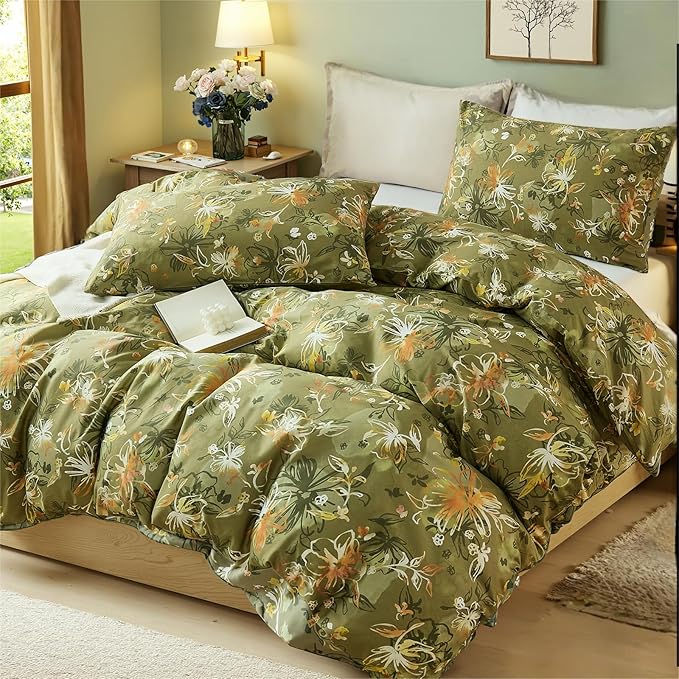 100% Cotton Duvet Cover King Size – Vintage Olive Green Floral Duvet Cover Set with Zipper Closure, 3-Piece Soft Breathable Natural Premium Cotton Bedding Set for All Seasons