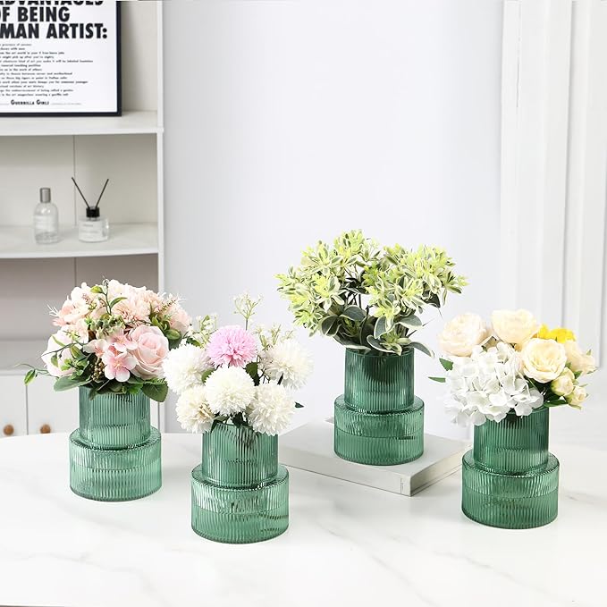 Ribbed Glass Vases, Set of 4 Small Vases for Flowers, Green Glass Vase for Tulips, Modern Vase for Living Room, Kitchen, Office, Entryway, Bookshelf, Wedding Gifts, Birthday, 6 Inches