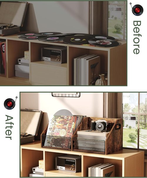 CHOEZON Vinyl Record Storage - Double-Compartment 27.6" Holder with Metal Mesh Organizer | Rustic Brown