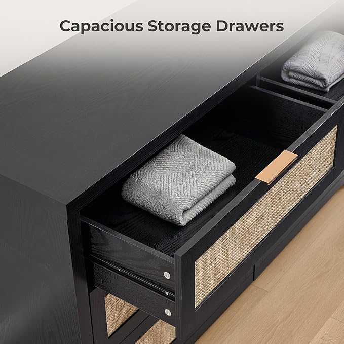 SICOTAS Rattan Dresser for Bedroom, 57" Wide 6 Drawer Dresser with Ample Storage, Wooden Dressers Large Chest of Drawers, Closet, Boho TV Stand for Bedroom (Black Oak, 1 Piece)