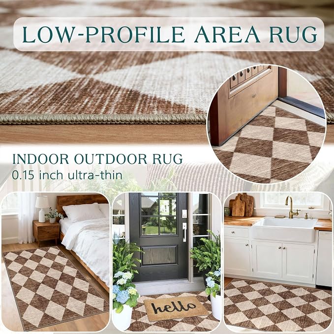 Checkered Entryway Rug - 28" x 43" Small Front Door Mat Indoor Outside Entrance Non-Slip Washable Outdoor Mat Rustic Brown Beige Modern Farmhouse Rug for Entryway Kitchen Bedroom Porch Decor