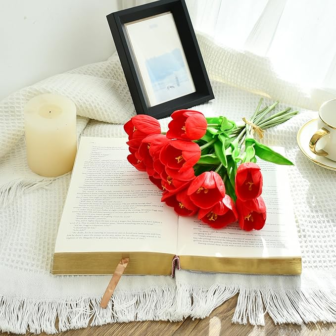 Mandy's Artificial Tulips 12 Stems Red Partially Open PU Faux Flowers for Wedding Home Decor 13.5 Inch