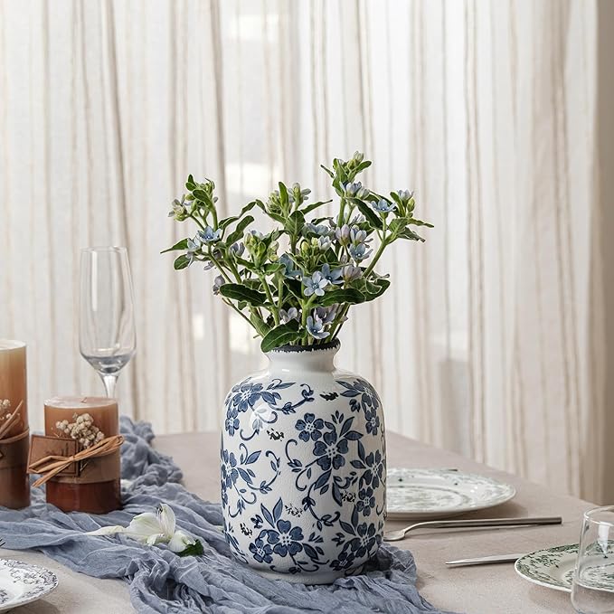 Blue and White Vintage Vase, Ceramic Chinoiserie Floral Vases, Round Farmhouse Rustic Large Flower Vase for Home Decor, Living Room, Office, Bookshelf, Grand Millennial Chinoiserie Decor 7.7 Inch