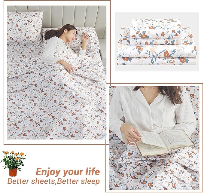 Softan Floral Full Sheet Set, Orange Flower Printed Bed Sheets - 4 Piece Soft Microfiber Patterned Fitted Sheets with 15" Deep Pocket & Non-Slip Straps, Cute Flower Sheets & Pillowcase Set