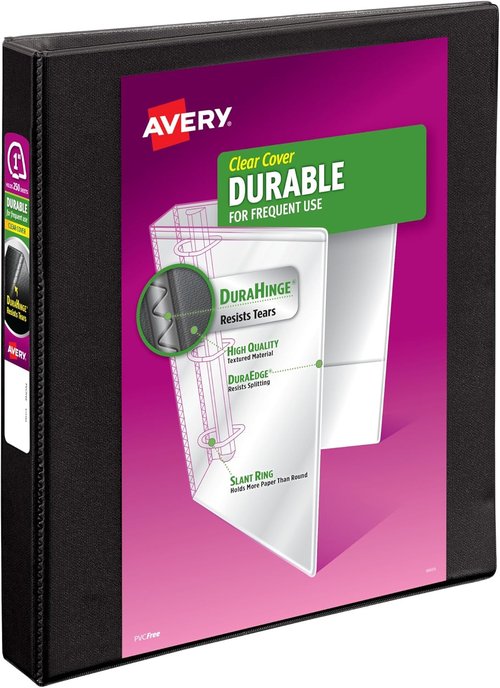 Avery Durable View 1-Inch Slant Ring Binder - 250 Sheet Capacity, Customizable Clear Covers, Black
