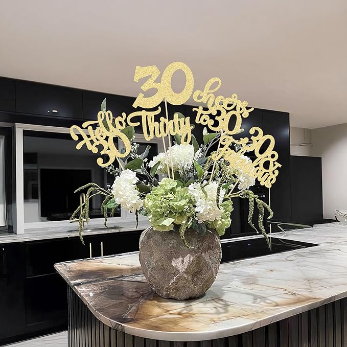 Gyufise 15Pcs 30th Birthday Centerpiece Sticks Thirty Happy 30th Table Flower Centerpieces Sticks Cheers to 30 Floral Decorations for 30th Birthday Party Centerpieces Supplies Gold