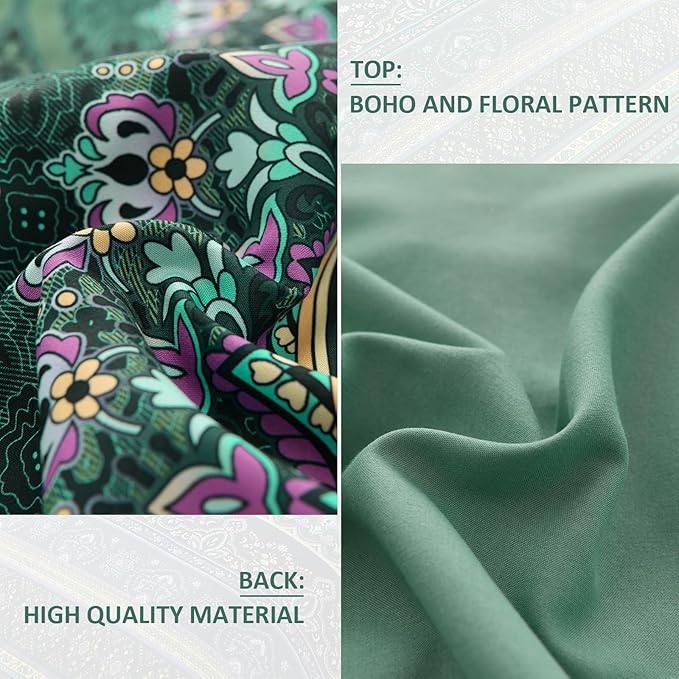 Boho Green Comforter Set Queen Size,8 Piece Bed in a Bag Bohemian Striped Bedding Quilt Set,Dark green Paisley Floral Comforter and Sheet Set,Soft Microfiber Complete Bedding Sets for All Season