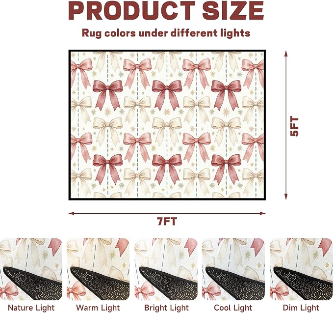 Pink Bowknot Area Rug 5'x7' Watercolor Coquette Aesthetic Non-Slip Washable Carpet for Bedroom Living Room Nursery Kitchen Playroom Home Decor Soft Low Pile Floor Mat