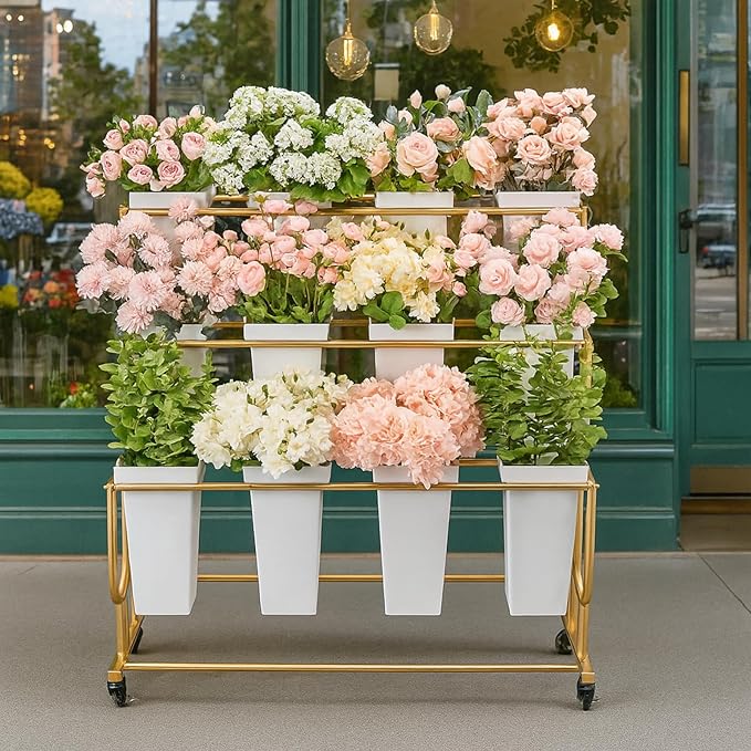 Flower Display Stand Frame, 3-Tier Flower Cart with Wheels, Metal Floral Display Rack , Moving Florist Bouquet Shelf for Shop ,Flower Bar, Events (Gold - 3 Tier) , Without Flower Buckets