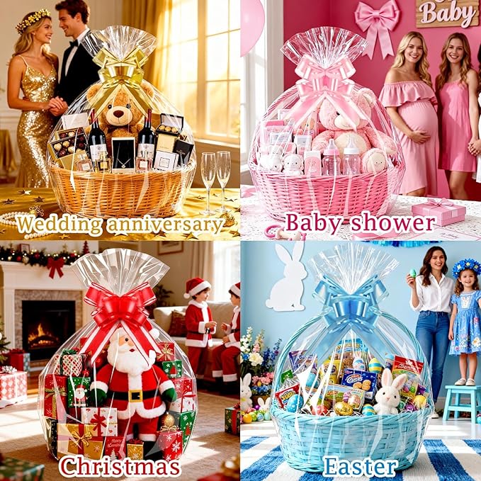 PigPotParty 30"x40" Clear Cellophane Gift Bags - Includes Bows – 10 Pack Large Cellophane Wrap for Gift Baskets, Plastic Gifts Bags for Gift Giving