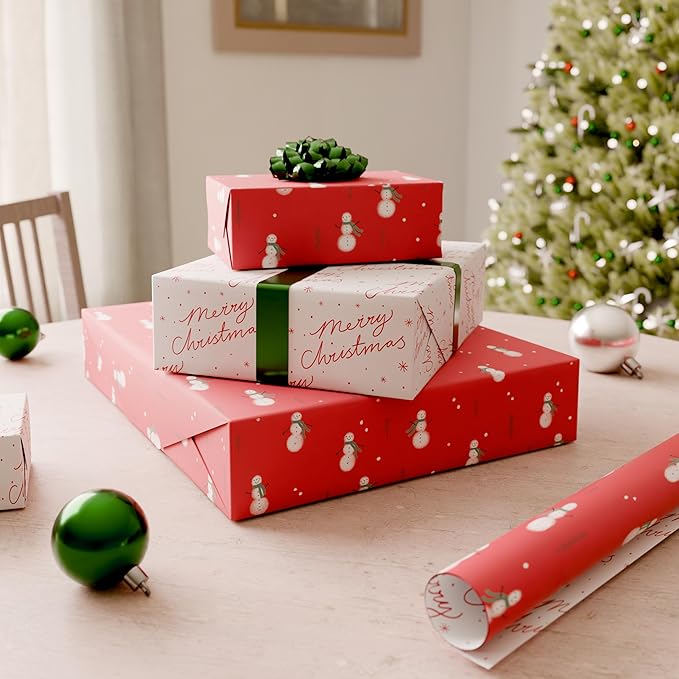 American Greetings Reversible Snowman Christmas Wrapping Paper Roll, Red and White Holiday Gift Wrap (60 sq. ft., 1 Standard Roll Wrap-30 in. x 24 ft.) Minimalist Design with Merry Christmas Script