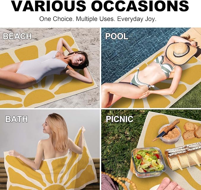Boho Sunshine Beach Towel, Boho Bathroom Decor, Groovy Retro 60s 70s Sunshine Yellow Oversized Bath Pool Swim Towels Blanket for Bathroom Travel Swimming Camping Sport, 30x60 Inch