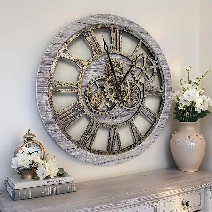 ImprovingLife The Gears Clock The Original Real Moving Gear Wall Clock Vintage Industrial Oversized Rustic Farmhouse (24 inch (60cm),Silver Grey)