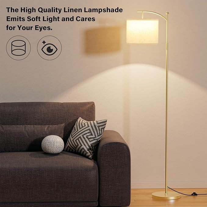 Ambimall 60" Floor Lamp with 3 Color Temperatures, Adjustable Beige Shade, Gold Pole - Tall Lamp for Living Room, Bedroom, Office, Classroom, Dorm - 9W Bulb Included