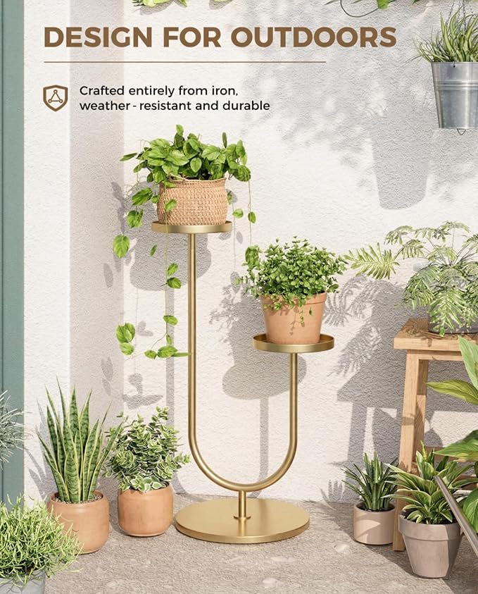 Bamworld Indoor Corner Plant Stands 2 Tier Plant Shelf for Tall Plant Holder Black Plant Shelves for Living Room Bedroom Midcentury Modern Home Decor(Gold)
