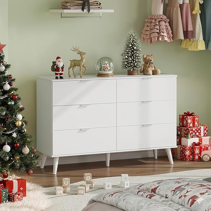 WLIVE 6 Drawer Dresser for Bedroom, 47.24'' Wide Wooden White Dresser, Storage Organizer with Sturdy Metal Handle, TV Stand for 55 inch TV, Chest of Drawers for Living Room, Hallway, Closet
