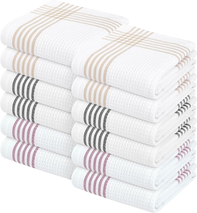 Waffle White & Multi Colors Kitchen Towels 12 Pack, 100% Cotton, 16x26 inches, Durable Dish Towel, Quick Dry Dishcloths, Ideal for Drying, Wiping - Beige, Black, Burgundy Wine