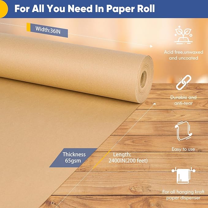 Vanhench 36"x 2400" (200') Large Brown Wrapping Easel Paper Roll, Bulletin Board Paper, Art Packing Moving Shipping Poster Thanksgiving Day Supplies, Crafting Drawing Table Runner 70GSM 55LB